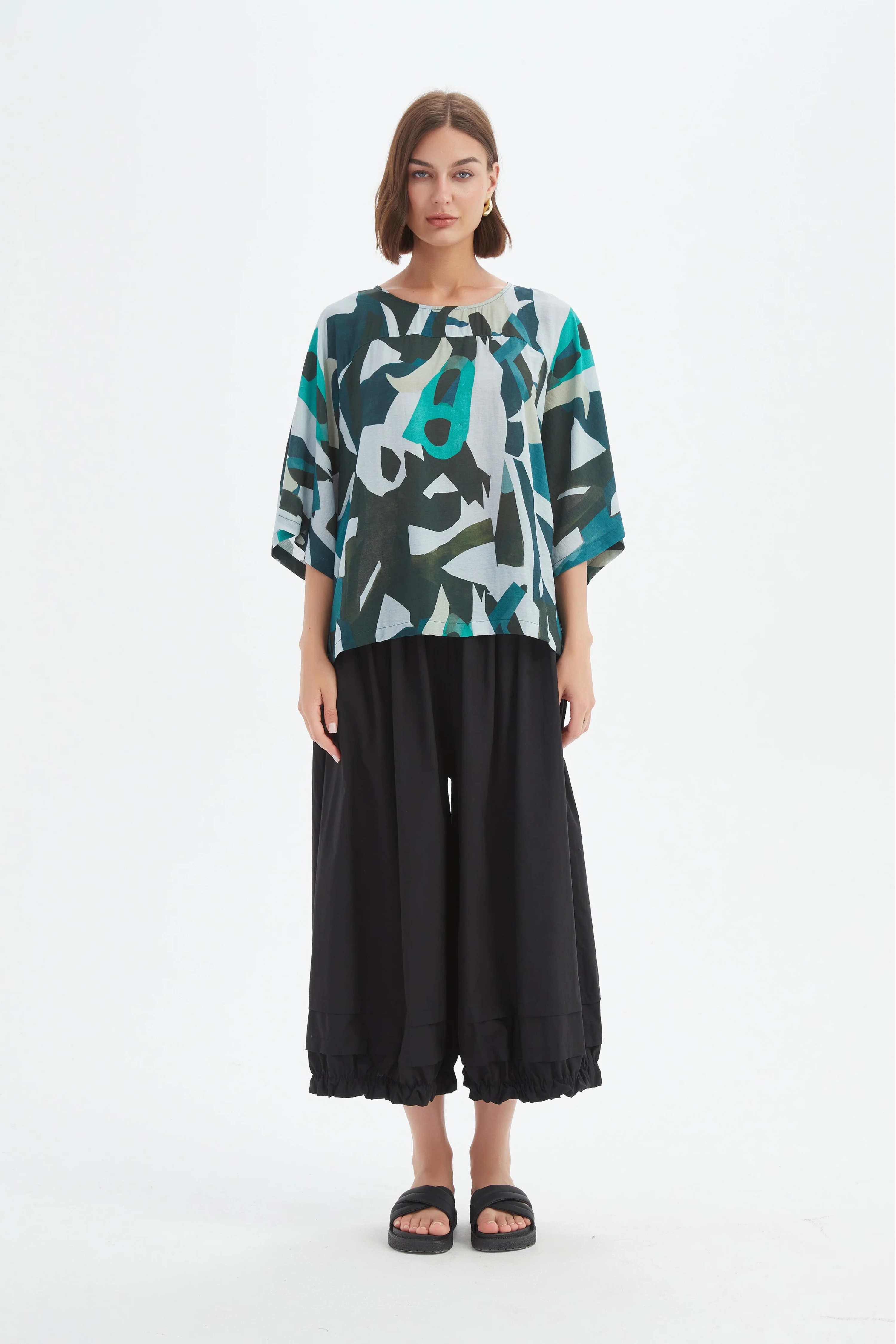 Wide Sleeve Print Top - Petrol Abstract