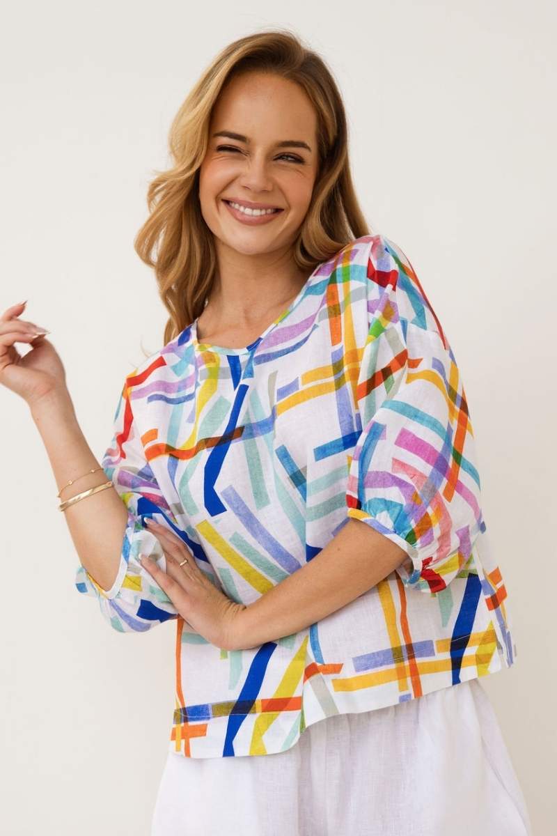 Linen Balloon Slv Top - Confetti Stripe