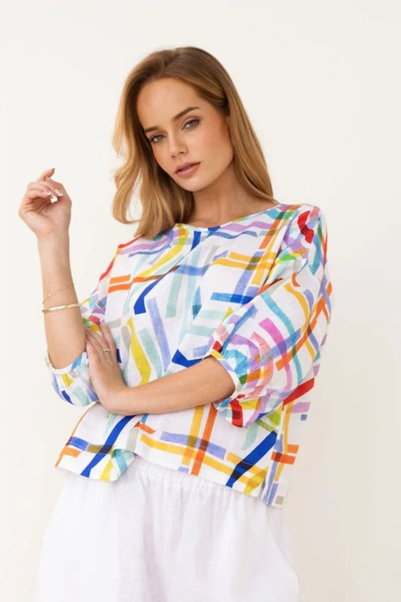 Linen Balloon Slv Top - Confetti Stripe