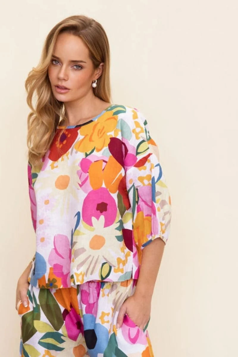 Linen Balloon Slv Top - Bloom Burst