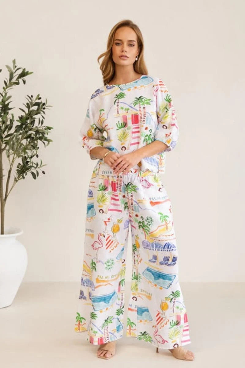 Linen Balloon Slv Top - Palm Springs
