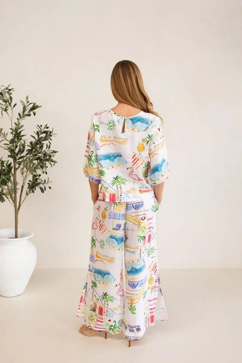 Linen Balloon Slv Top - Palm Springs