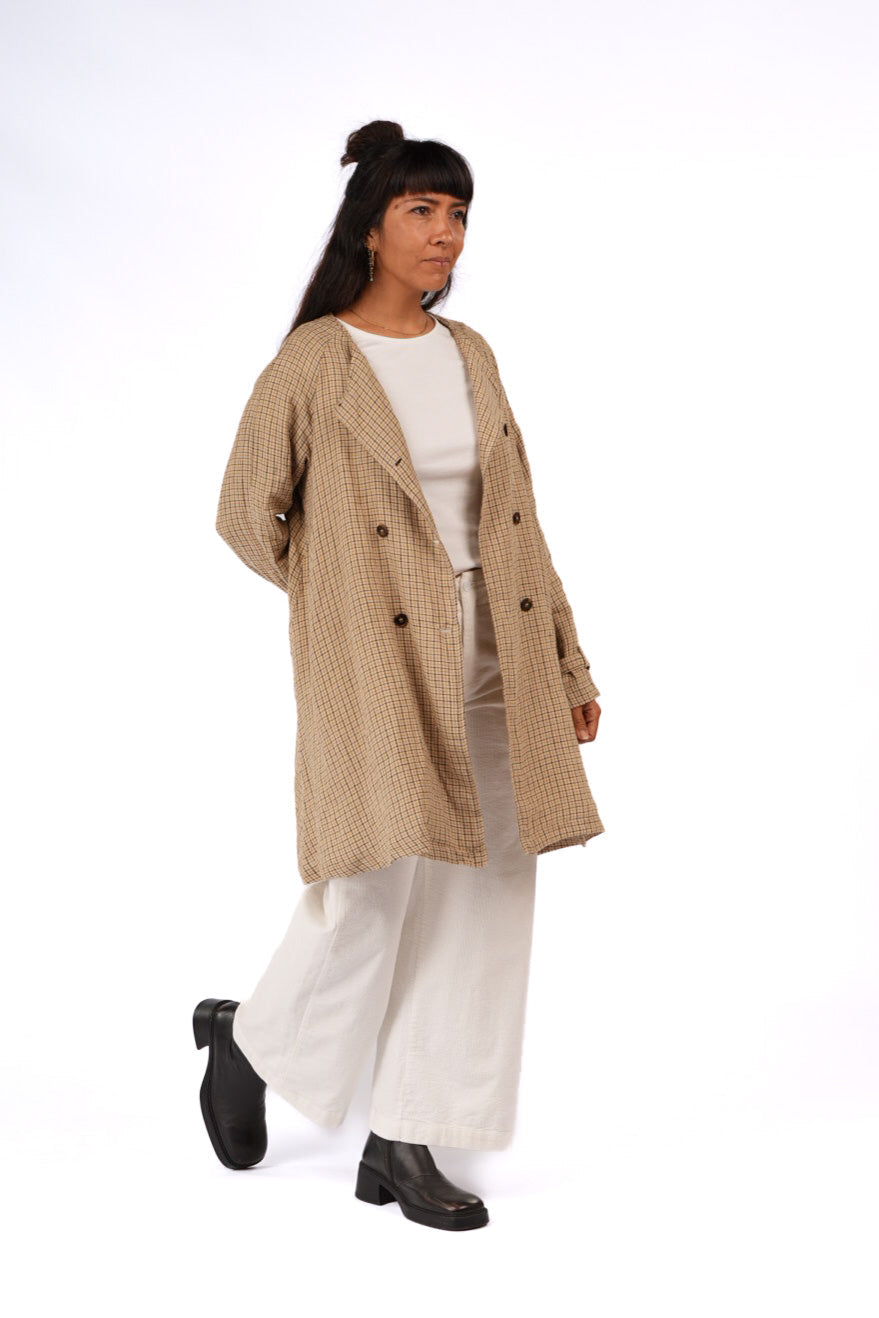 French Linen Collarless Peacoat - Brown Check