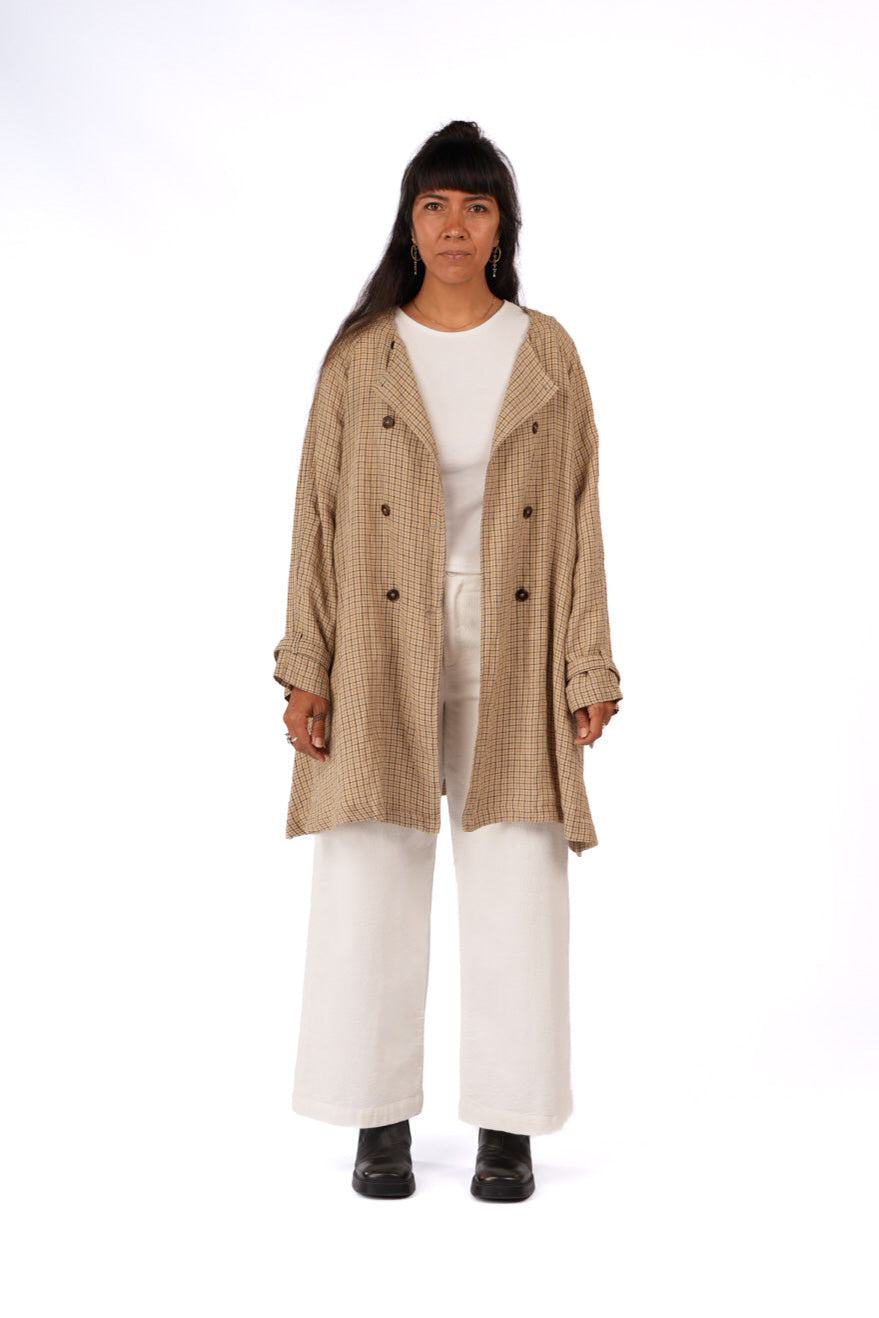 French Linen Collarless Peacoat - Brown Check