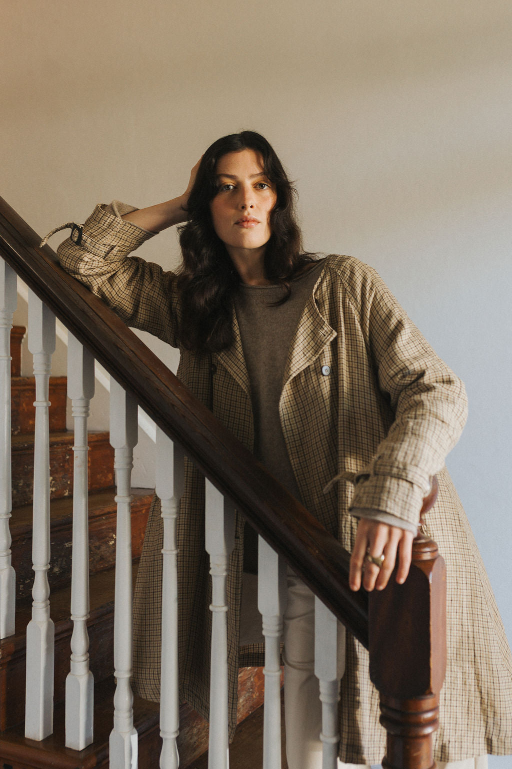 French Linen Collarless Peacoat - Brown Check