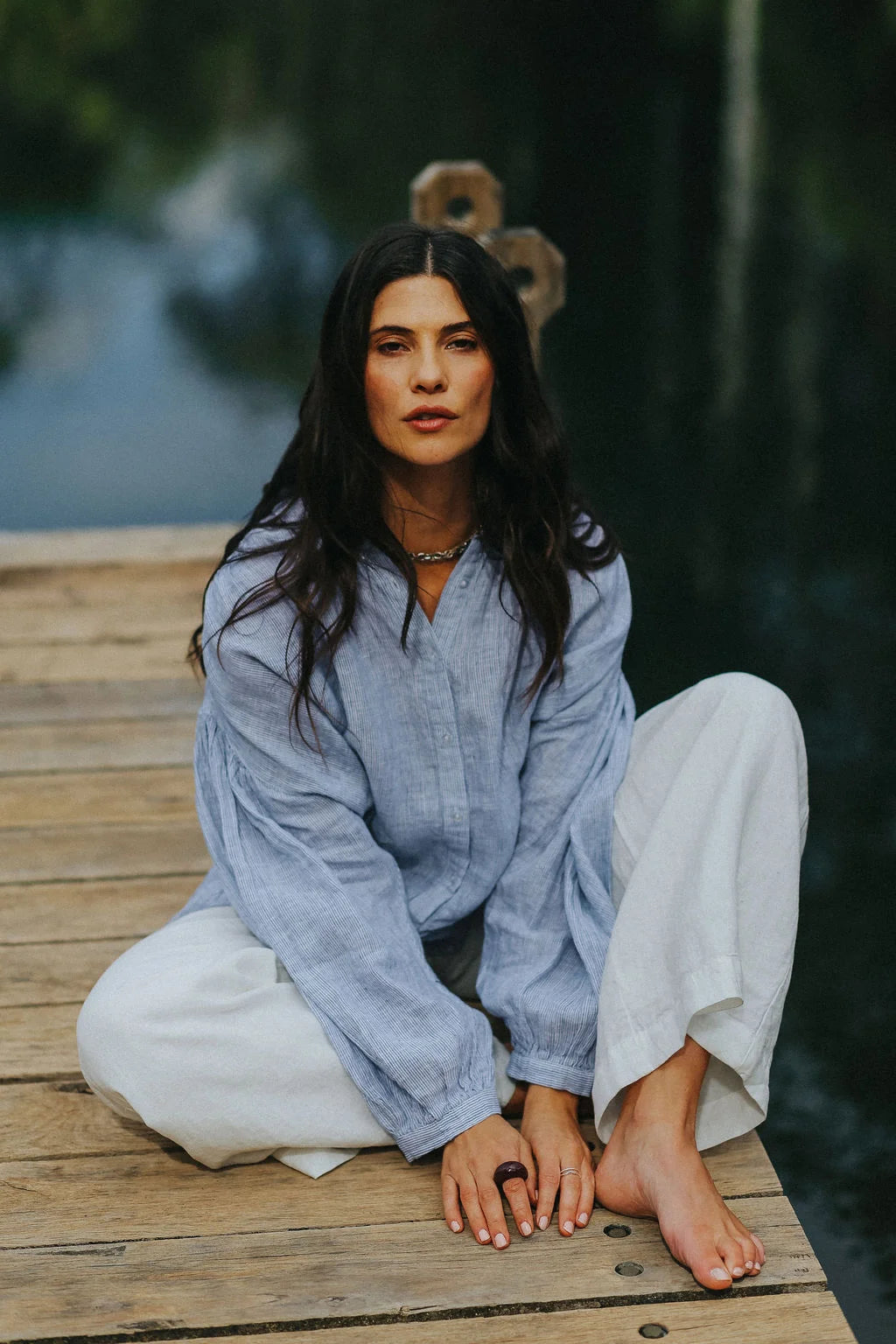 Mila Fine Stripe Linen top - Blue