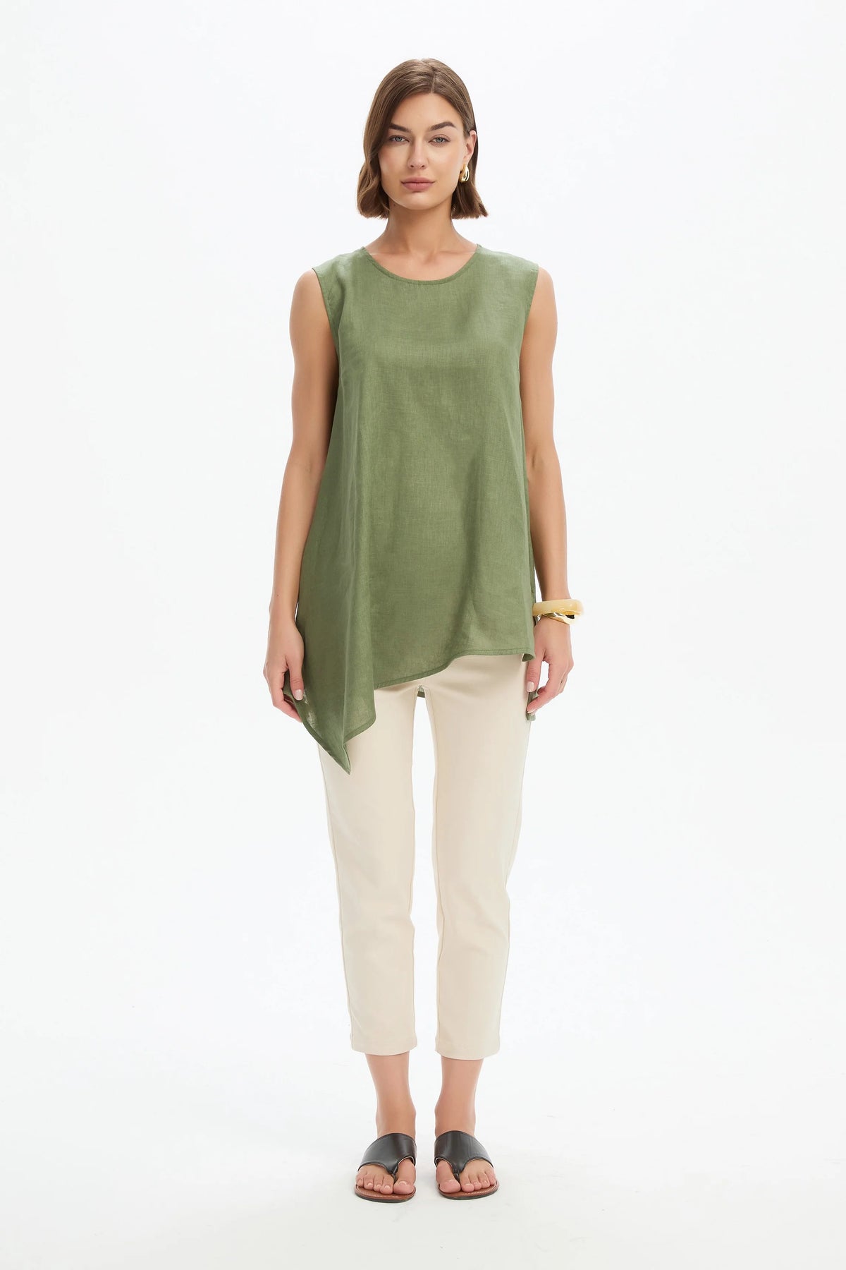 Asymmetric Sleeveless Tunic - Olive Green