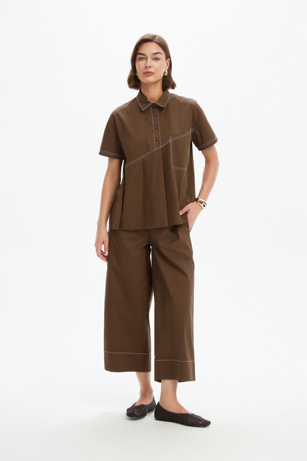 Pleated Contrast Shirt - Chocolate