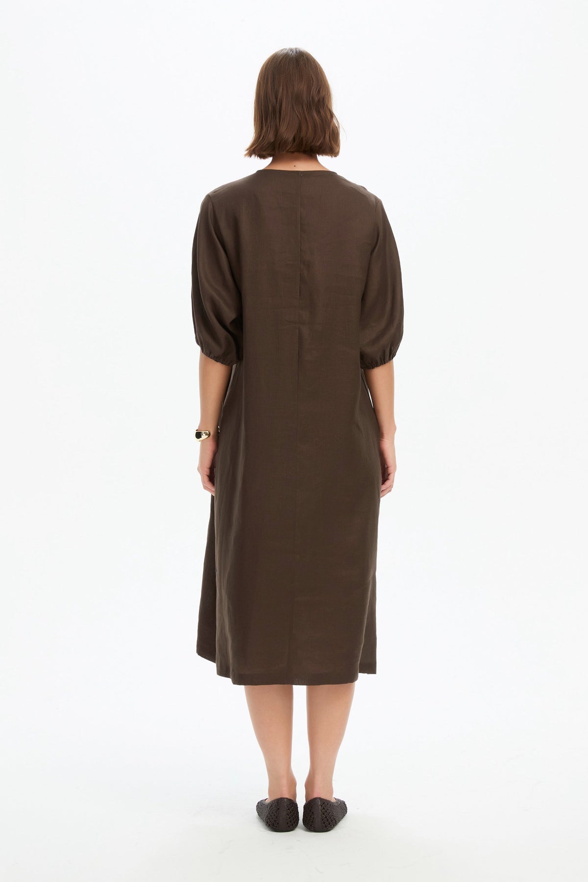 Puff Sleeve Gather Dress - Chocolate