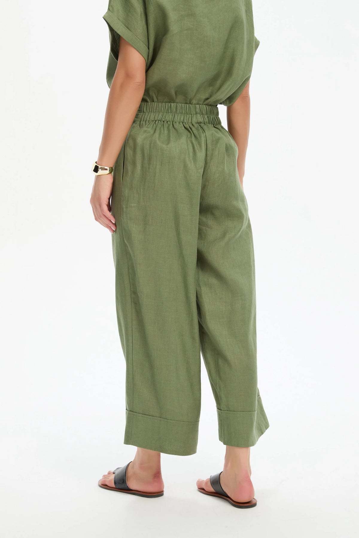 Wide Leg Linen Pant - Olive Green
