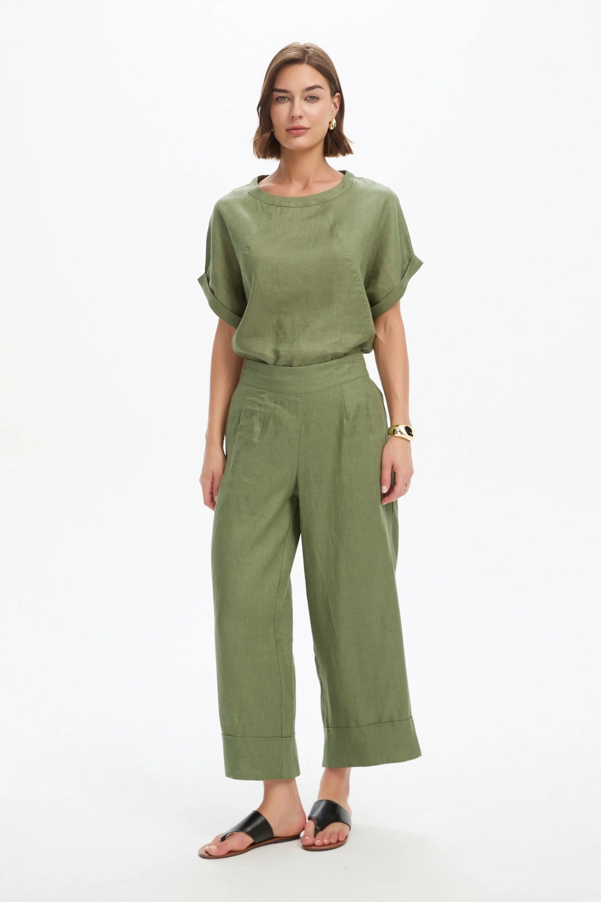Wide Leg Linen Pant - Olive Green