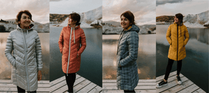 A collage of four women wearing Moke Arnie Reversible Down jackets while standing on a pier.