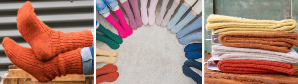 Feet in socks, all different colours of Humphrey Law Alpaca Socks. 