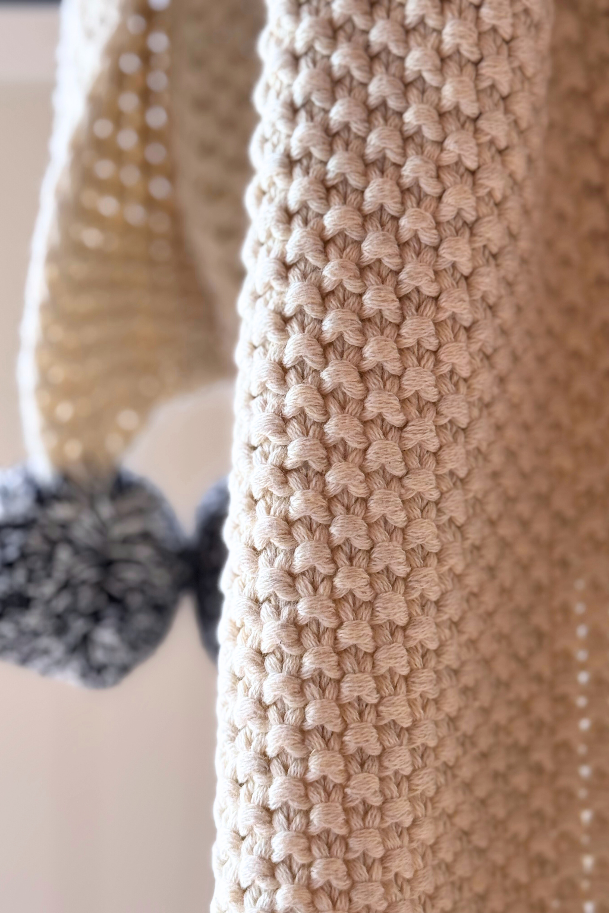 Scarf - Ivory Moss Stitch/Blustone Pompom