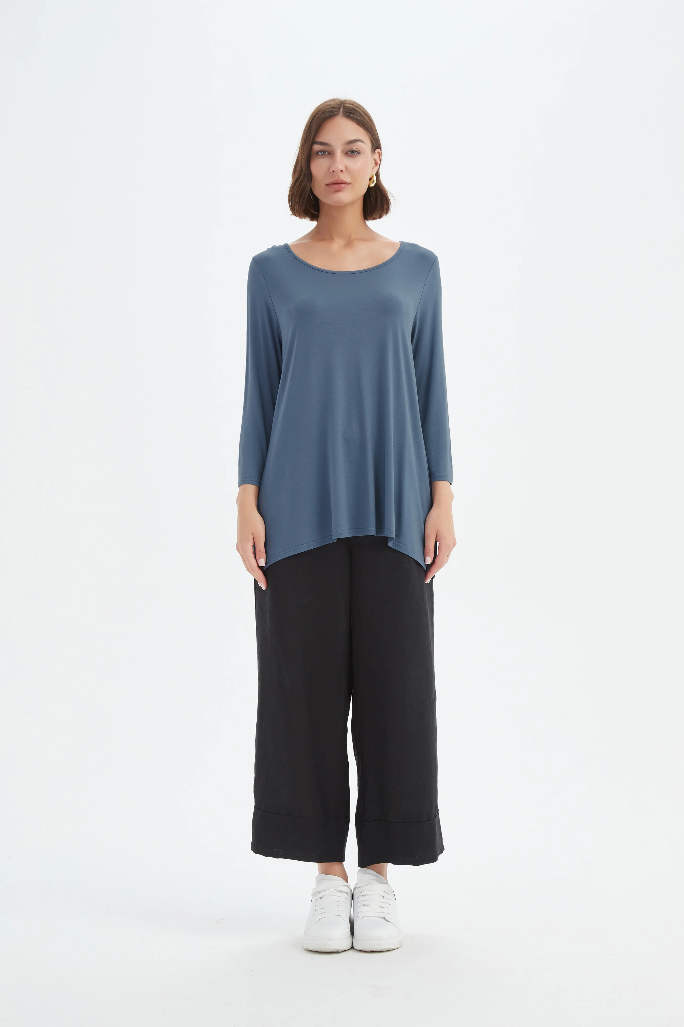 3/4 Slv Hanky Hem Tee - Gunmetal Blue