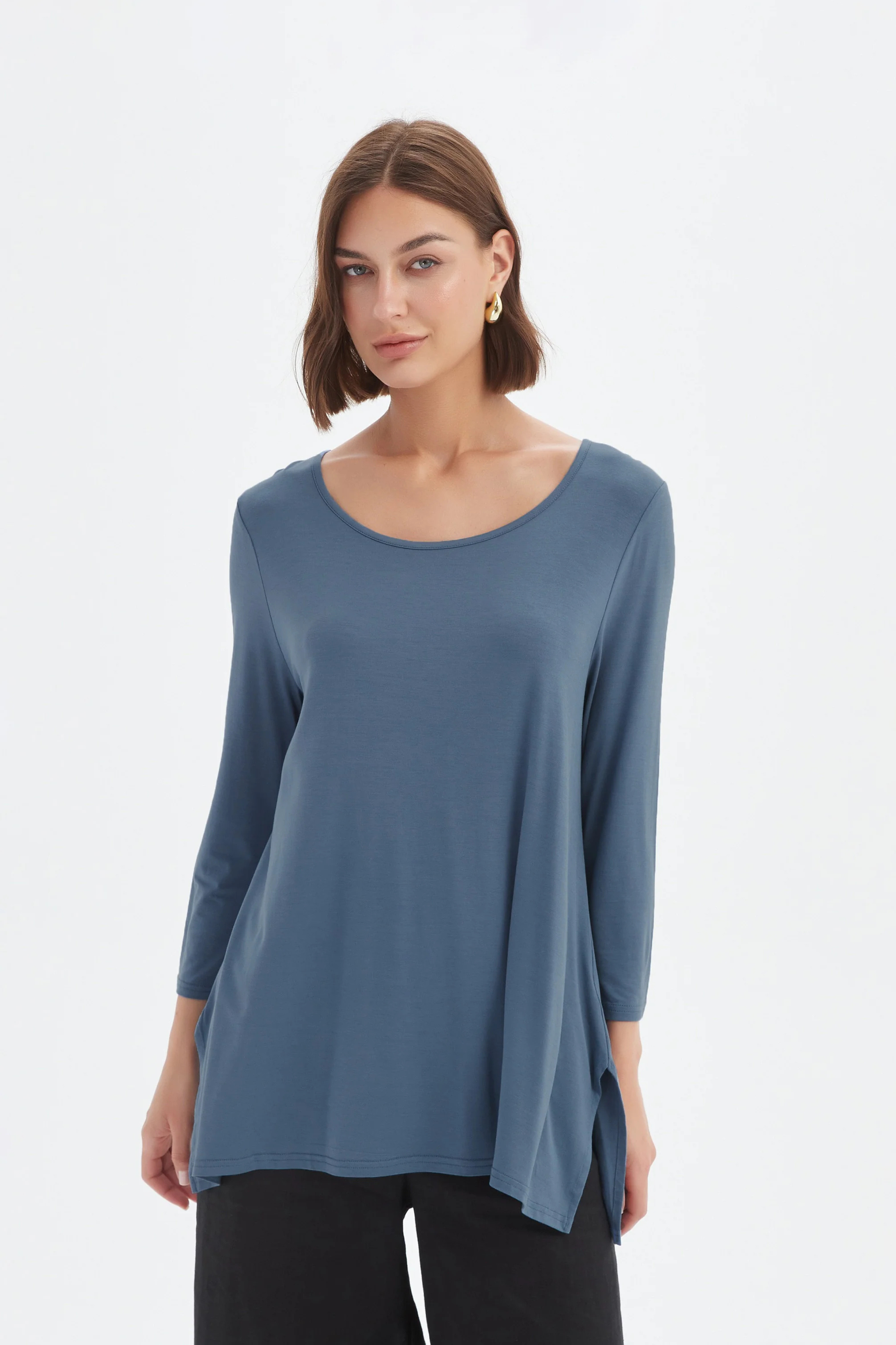 3/4 Slv Hanky Hem Tee - Gunmetal Blue
