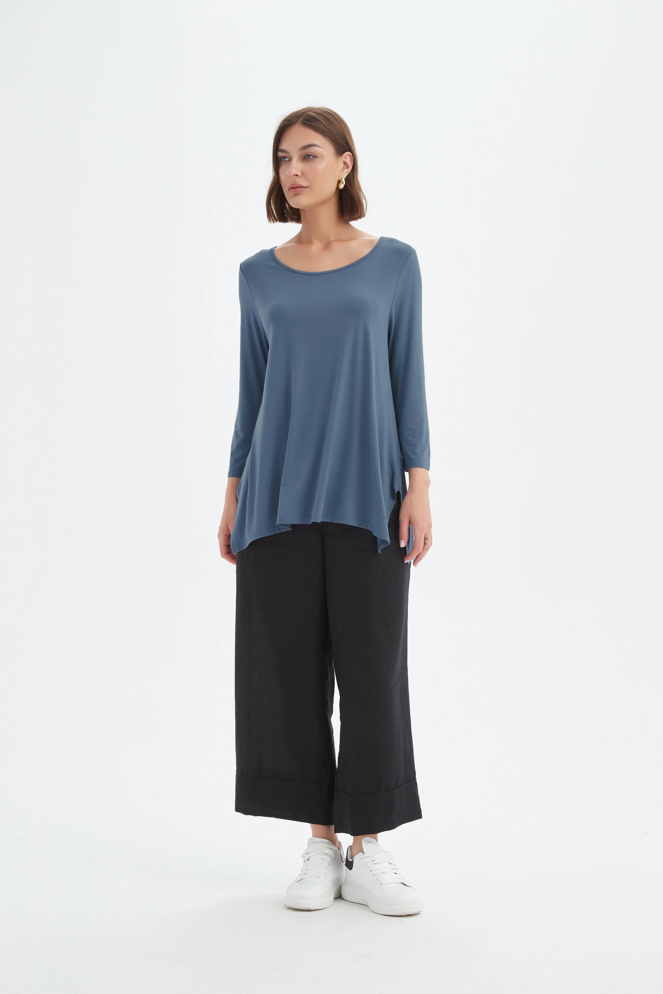3/4 Slv Hanky Hem Tee - Gunmetal Blue