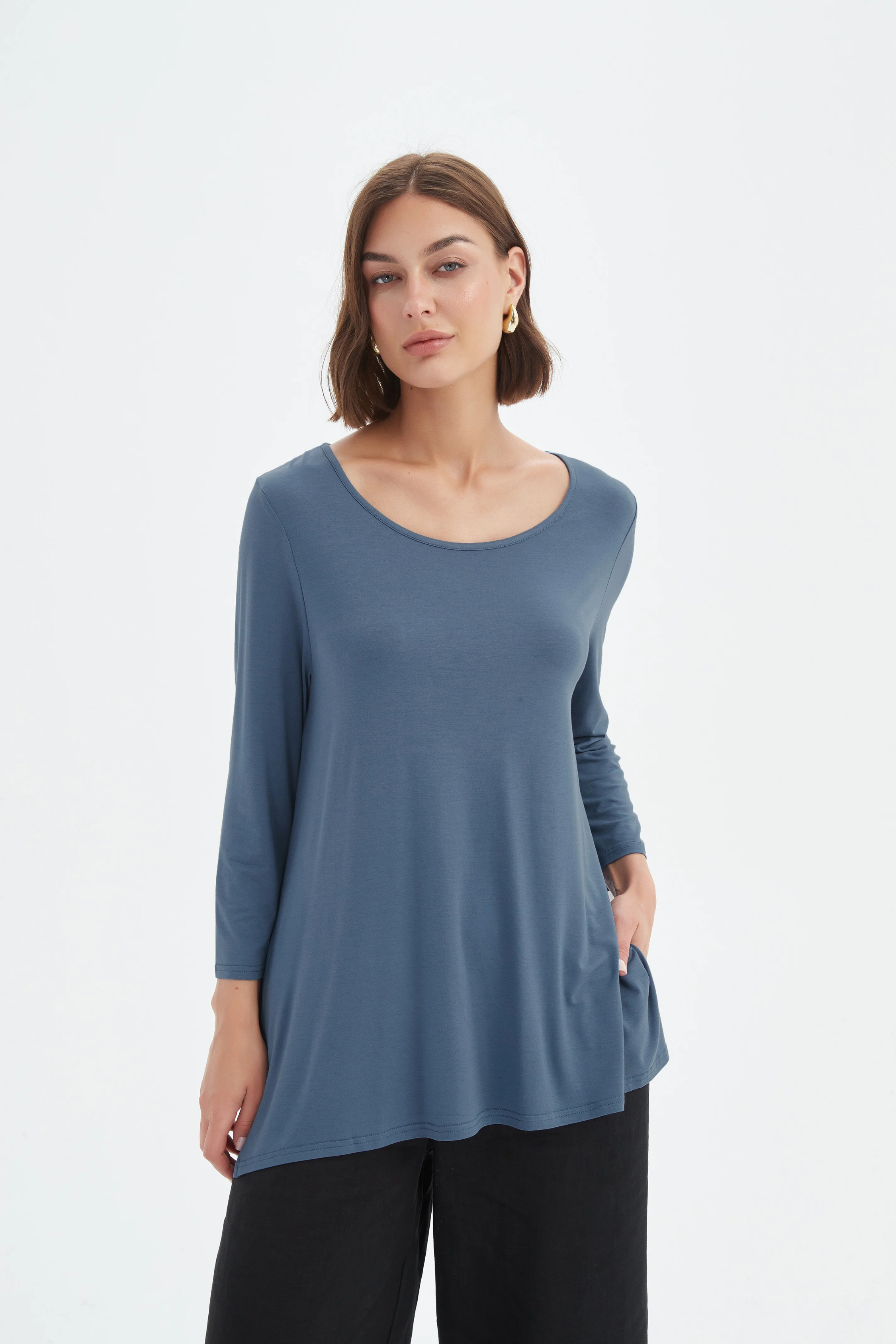 3/4 Slv Hanky Hem Tee - Gunmetal Blue