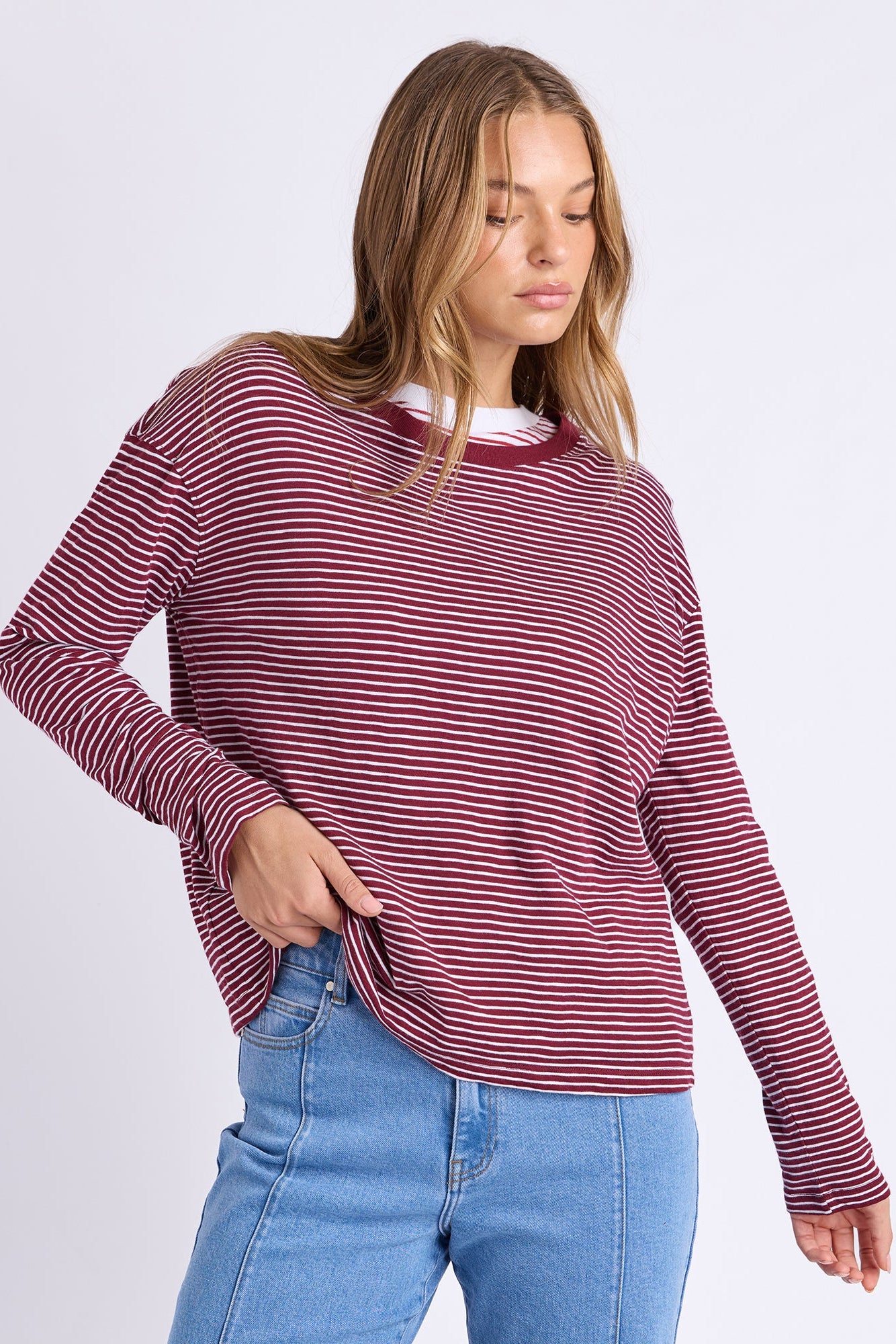 Foxwood Hutch Ls Tee - Wine/Wht Stripe