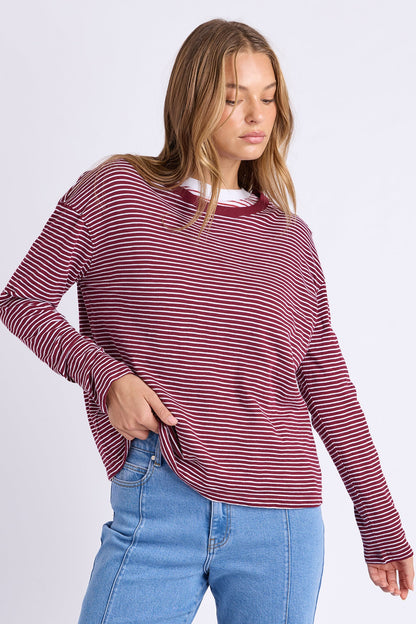 Foxwood Hutch Ls Tee - Wine/Wht Stripe