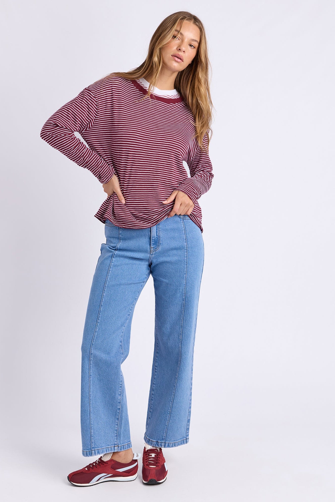 Foxwood Hutch Ls Tee - Wine/Wht Stripe