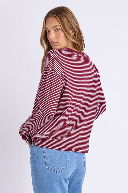 Foxwood Hutch Ls Tee - Wine/Wht Stripe