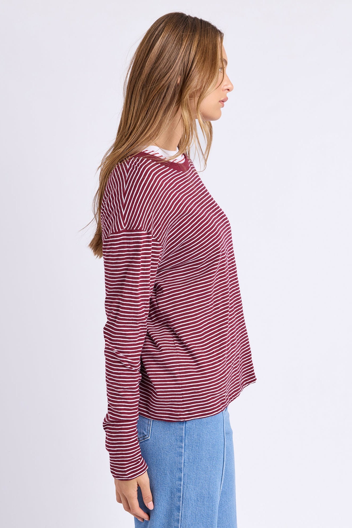 Foxwood Hutch Ls Tee - Wine/Wht Stripe