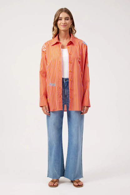 Mykonos Embroidered Stripe Shirt - Pink