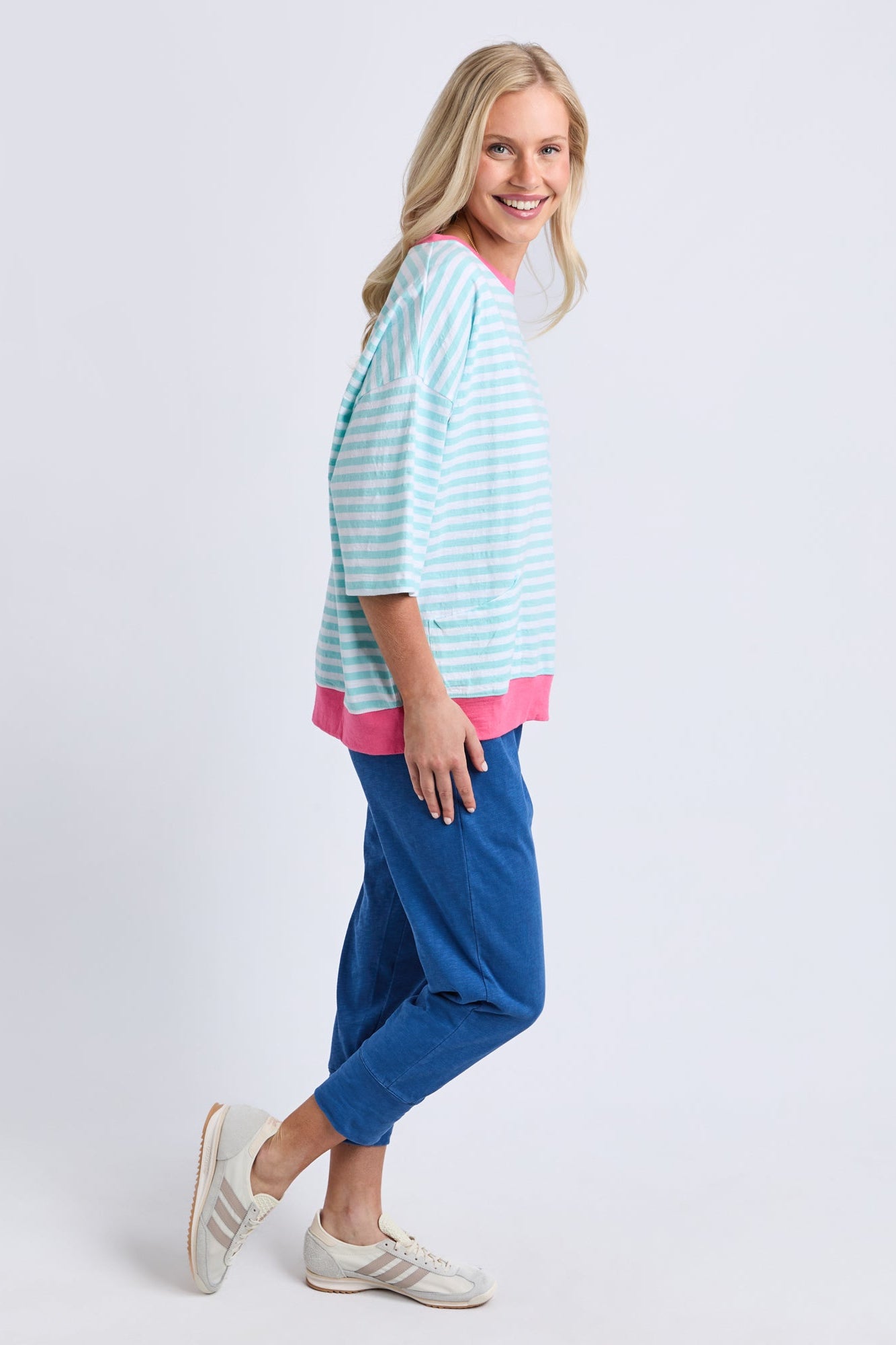 Elm Mazie Stripe Ringer Sweat - Tblu/Wht Str/Pnk Trm