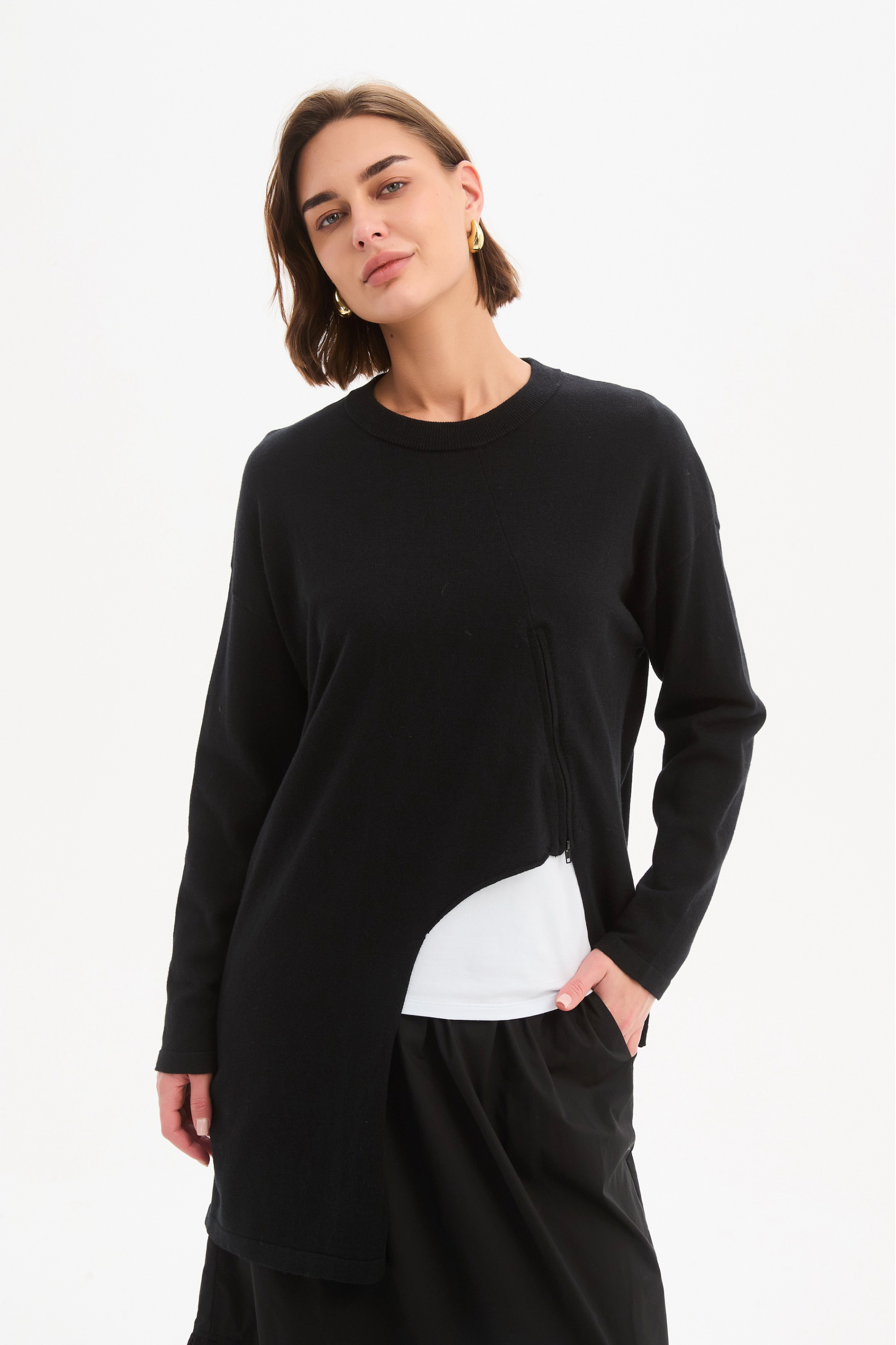 Asymmetric Zip Detail Knit - Black