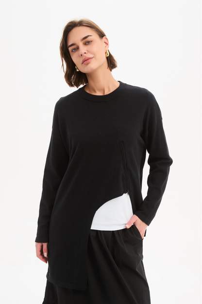 Asymmetric Zip Detail Knit - Black