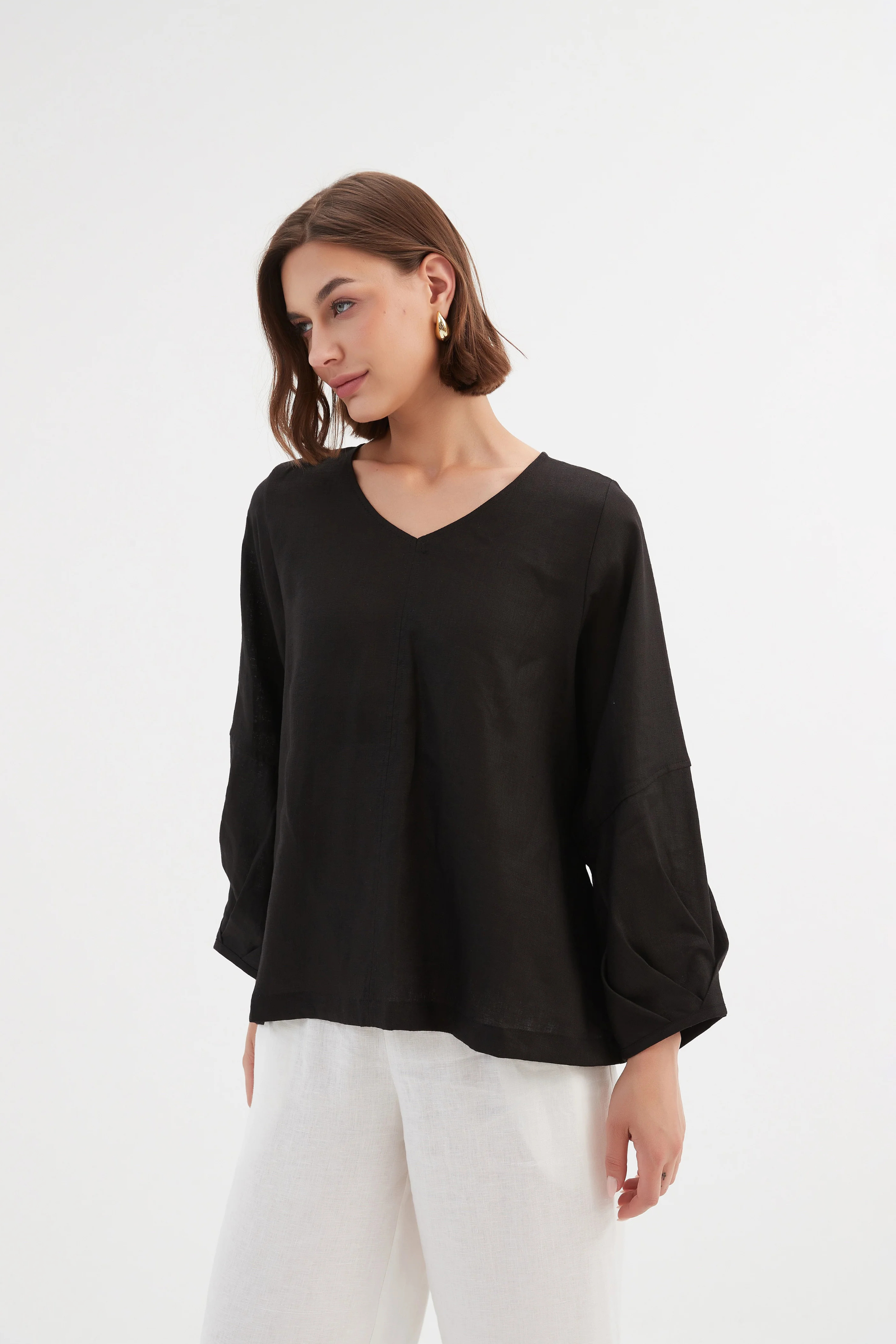 Bishop L/S Linen Top - Black