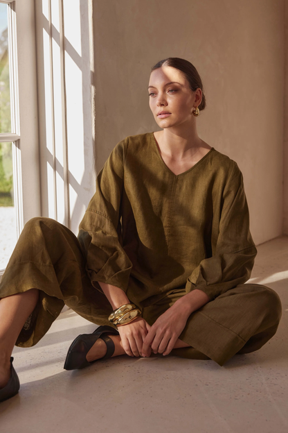 Bishop L/S Linen Top - Dark Moss