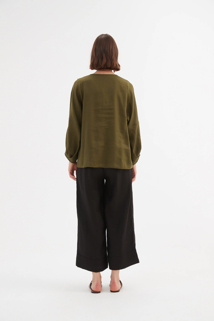 Bishop L/S Linen Top - Dark Moss