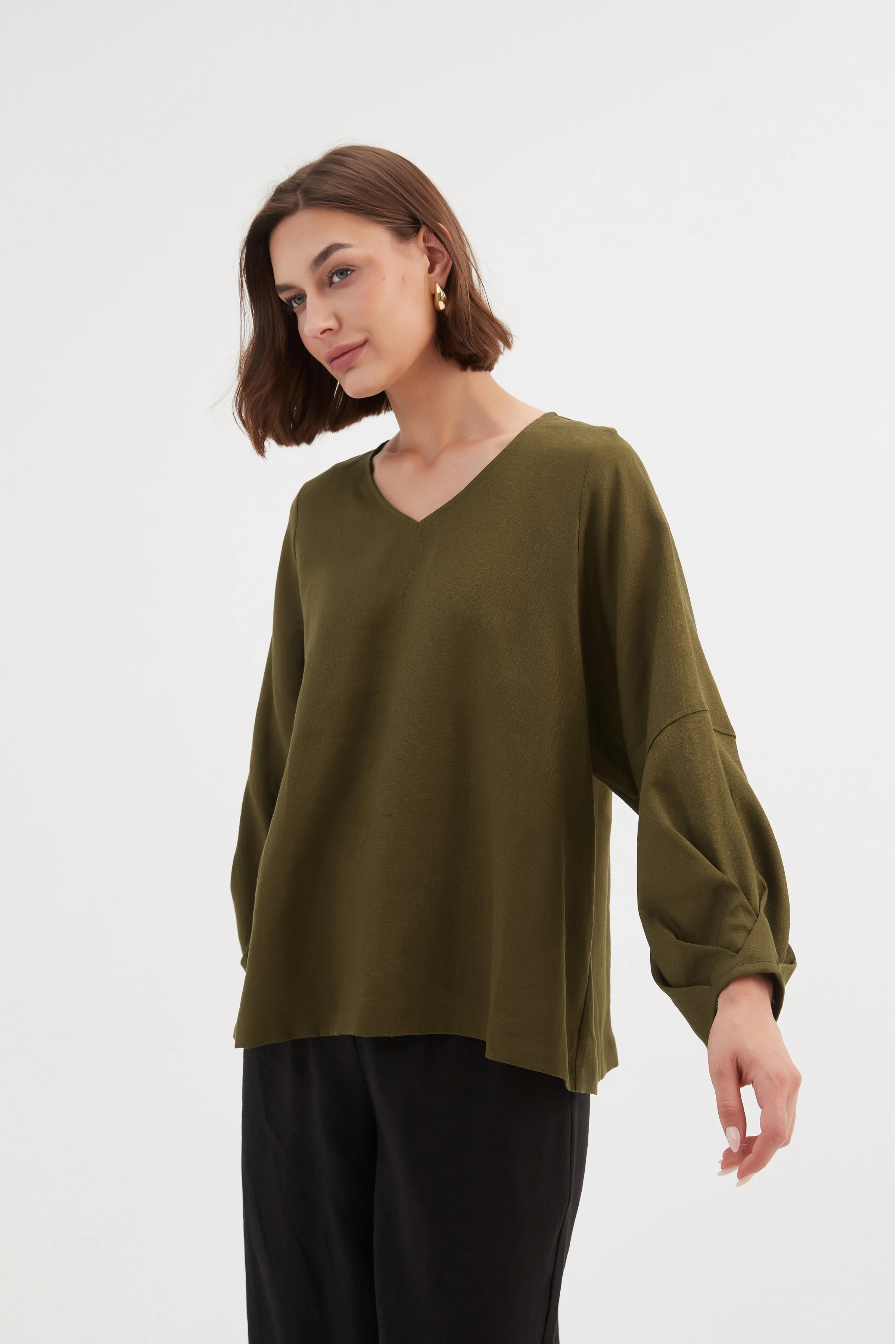 Bishop L/S Linen Top - Dark Moss