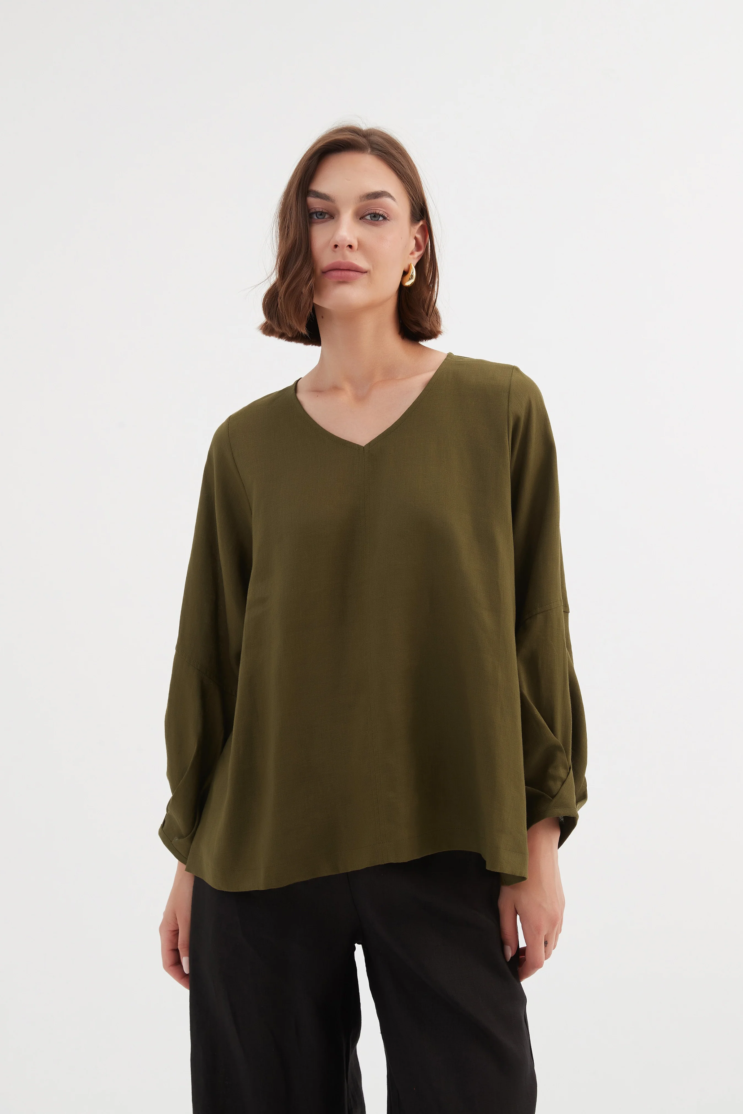 Bishop L/S Linen Top - Dark Moss