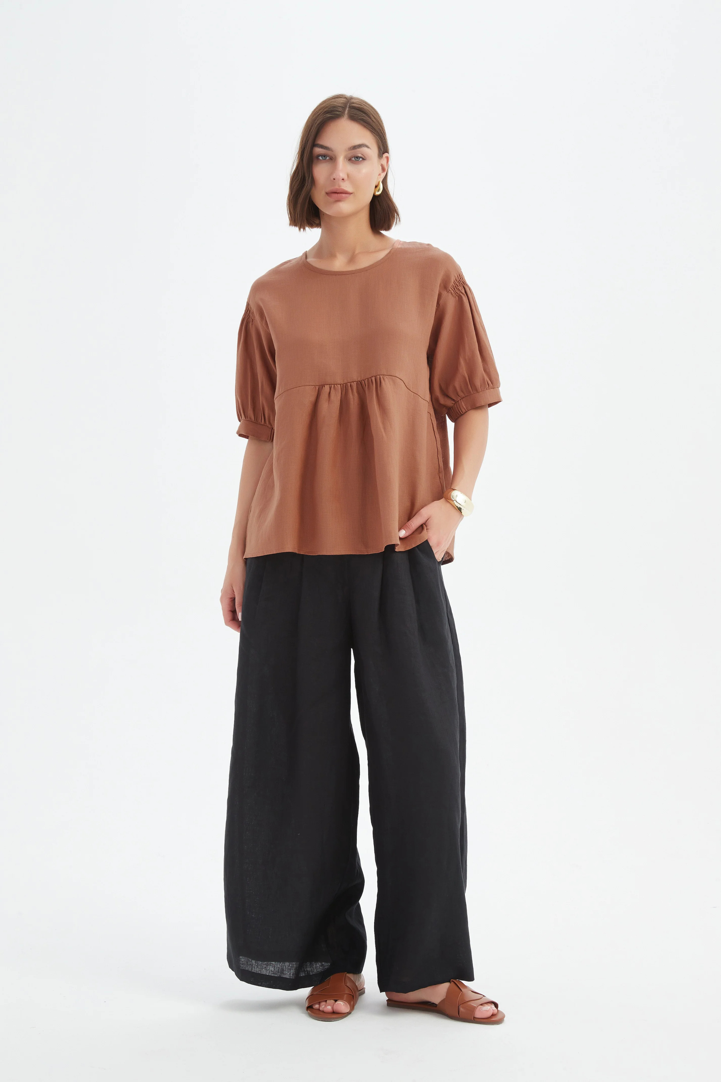Bishop Sleeve Shirring Top - Cedar