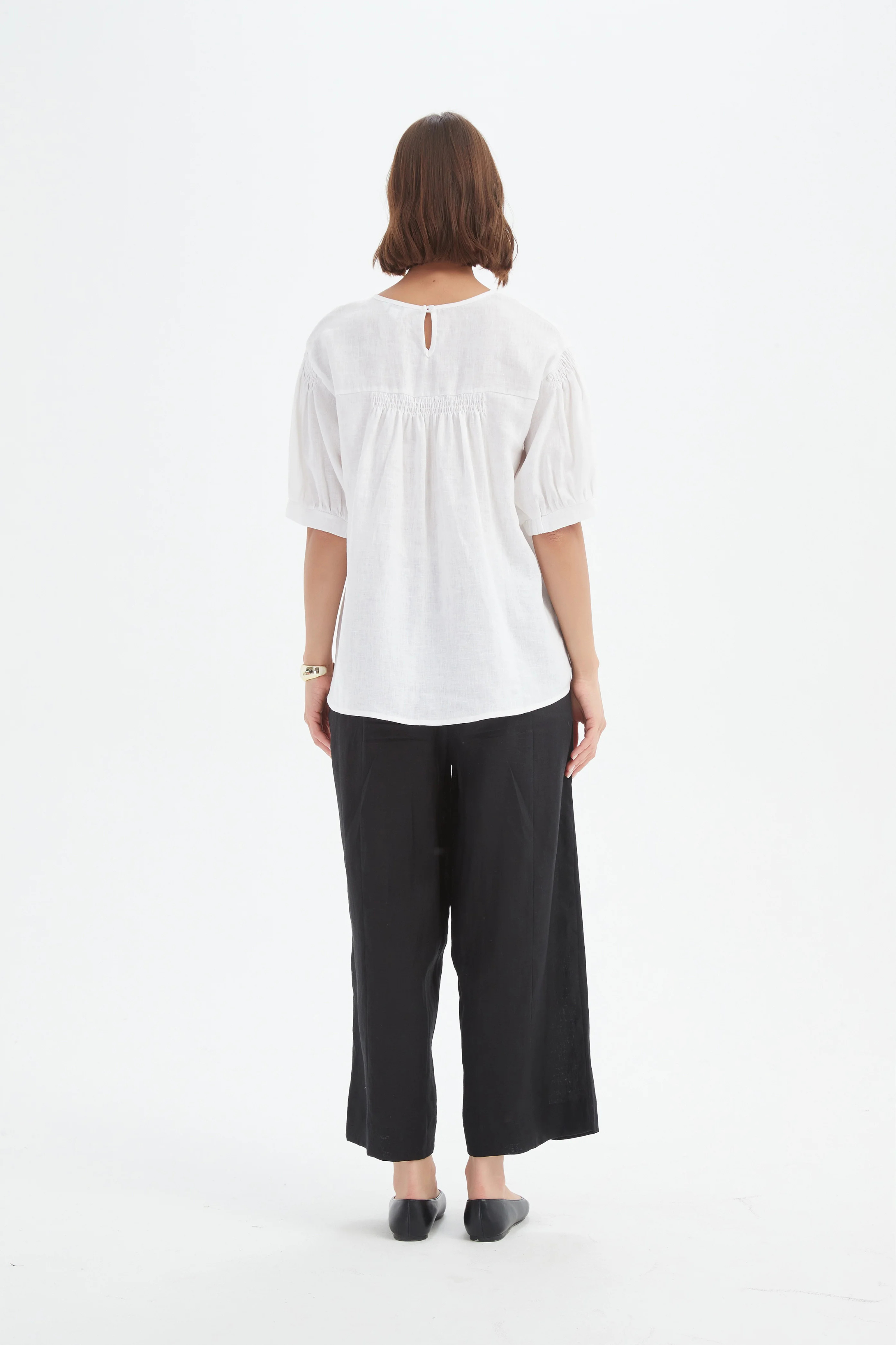 Bishop Sleeve Shirring Top - White