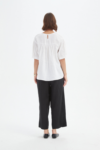 Bishop Sleeve Shirring Top - White