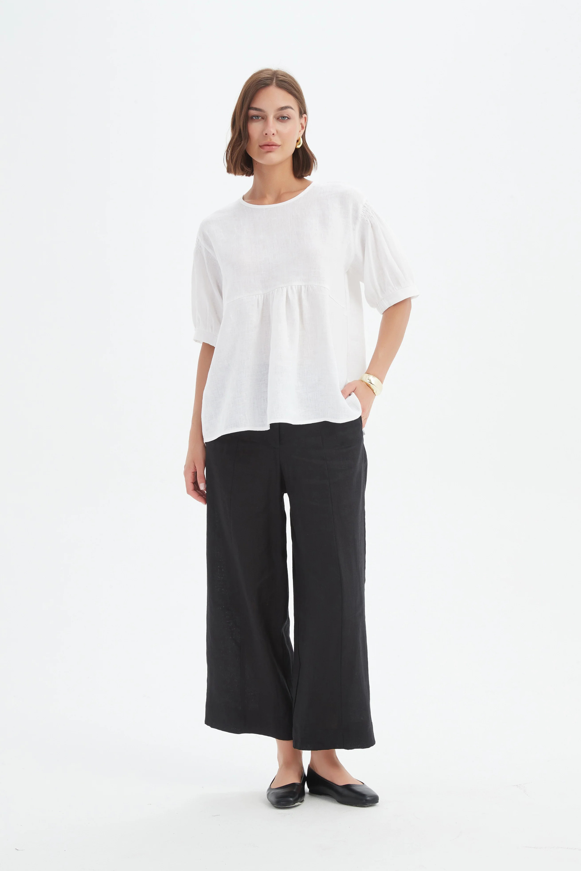 Bishop Sleeve Shirring Top - White