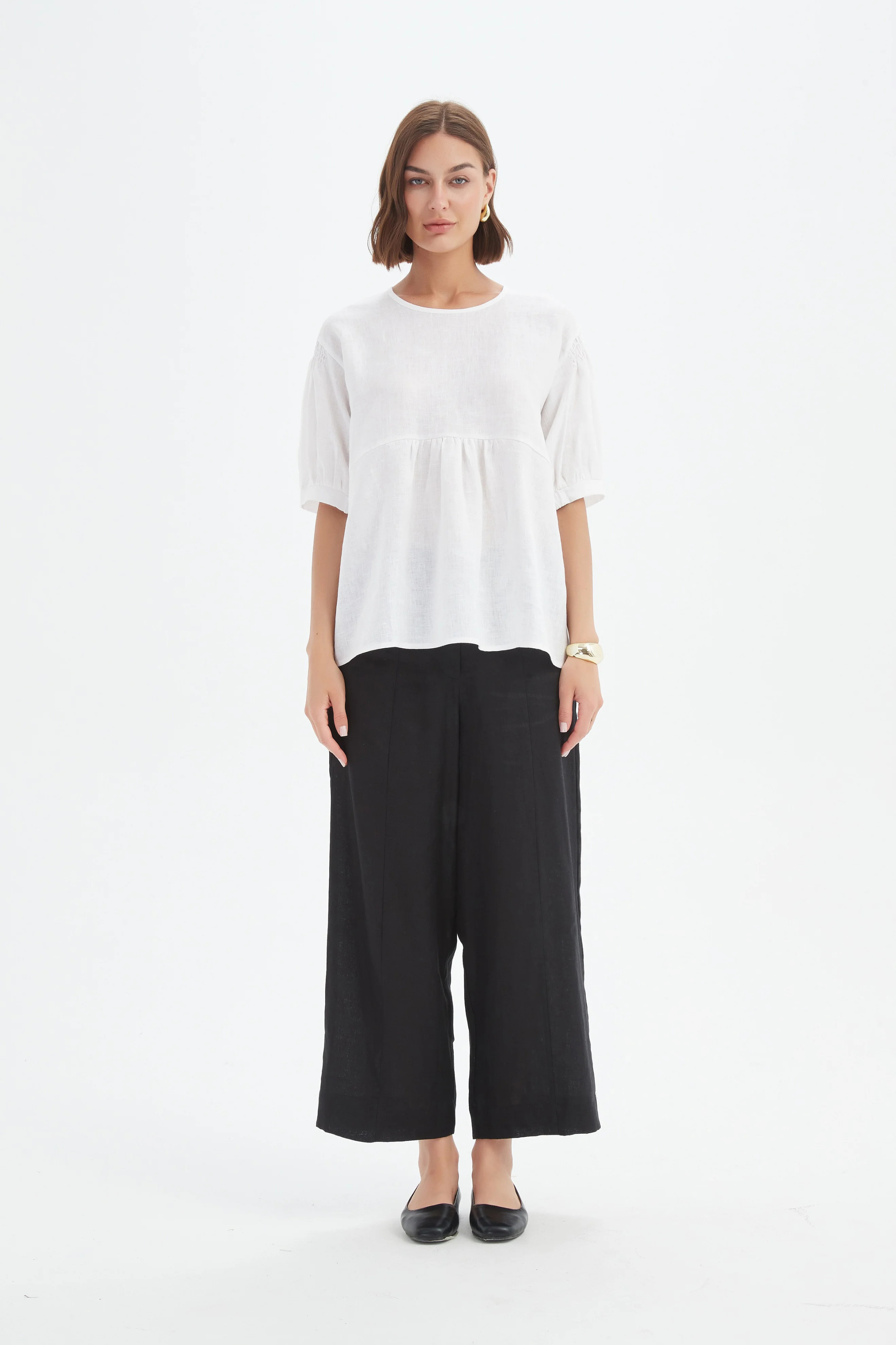 Bishop Sleeve Shirring Top - White