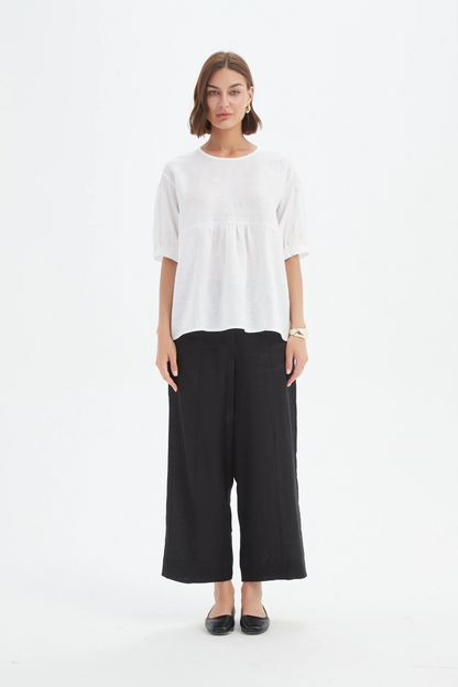 Bishop Sleeve Shirring Top - White