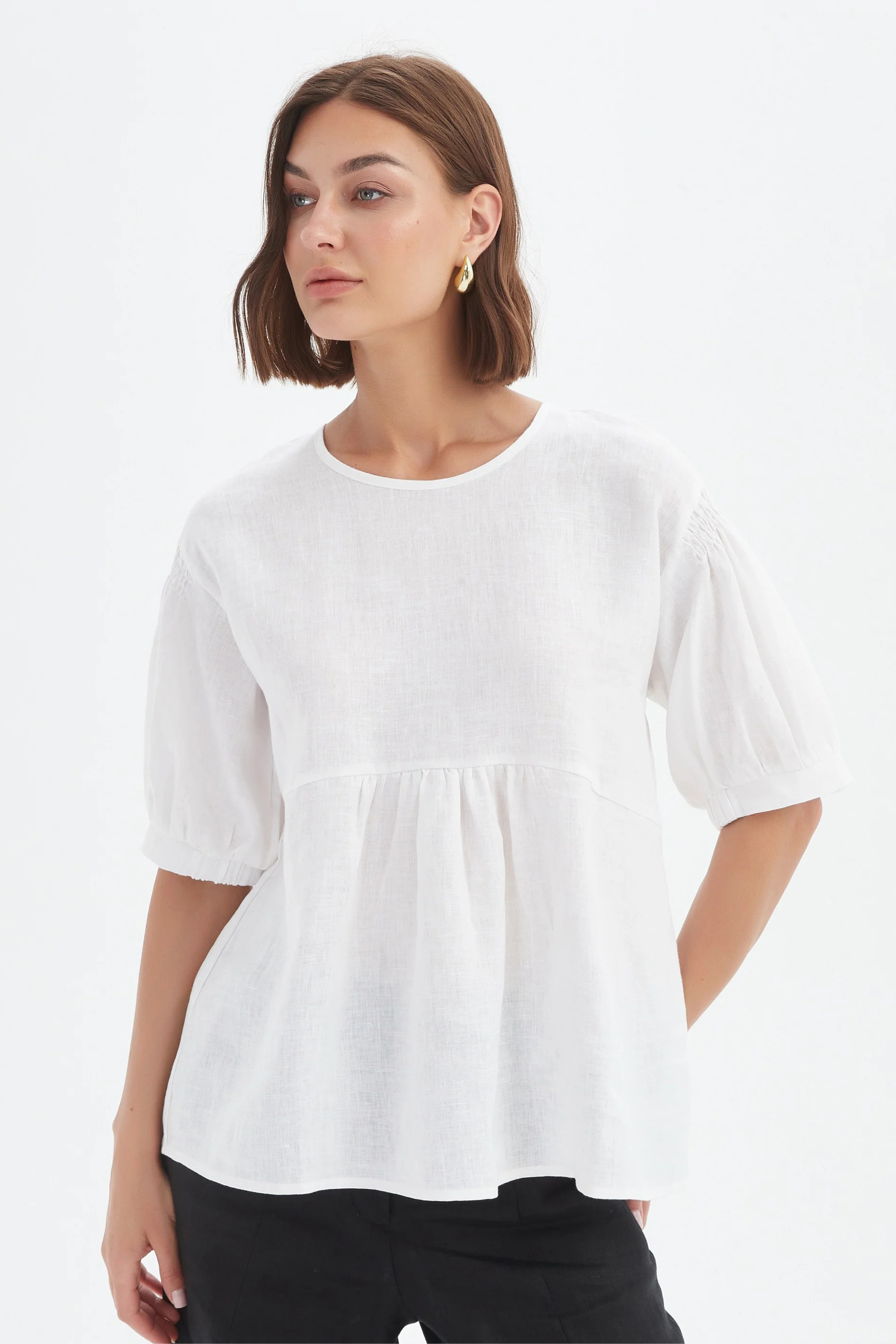 Bishop Sleeve Shirring Top - White
