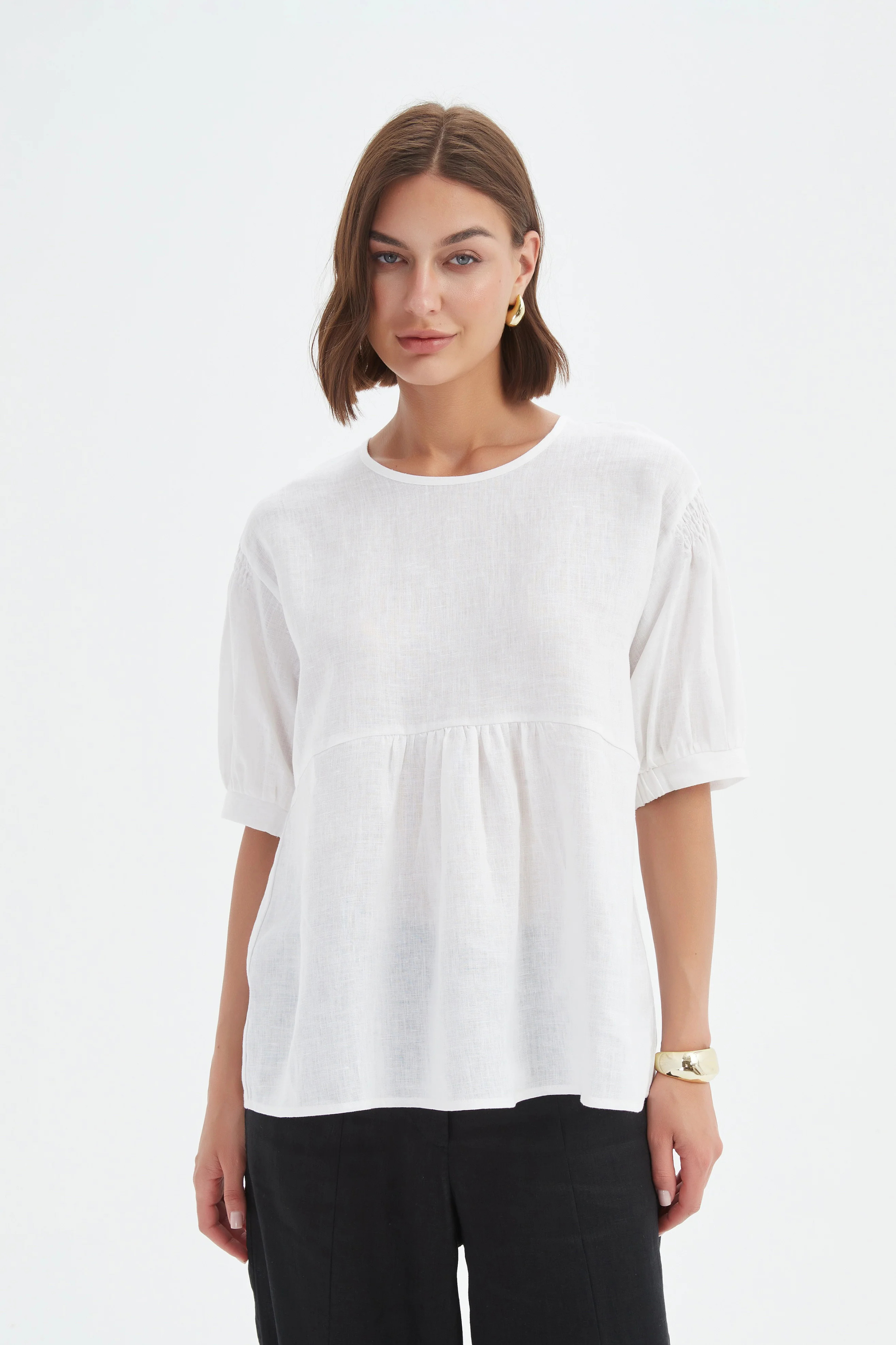 Bishop Sleeve Shirring Top - White