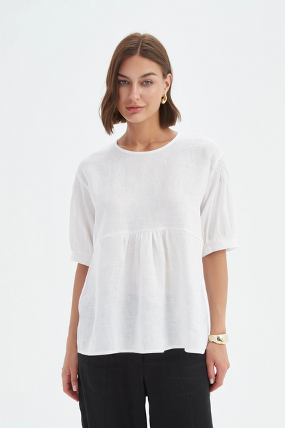 Bishop Sleeve Shirring Top - White