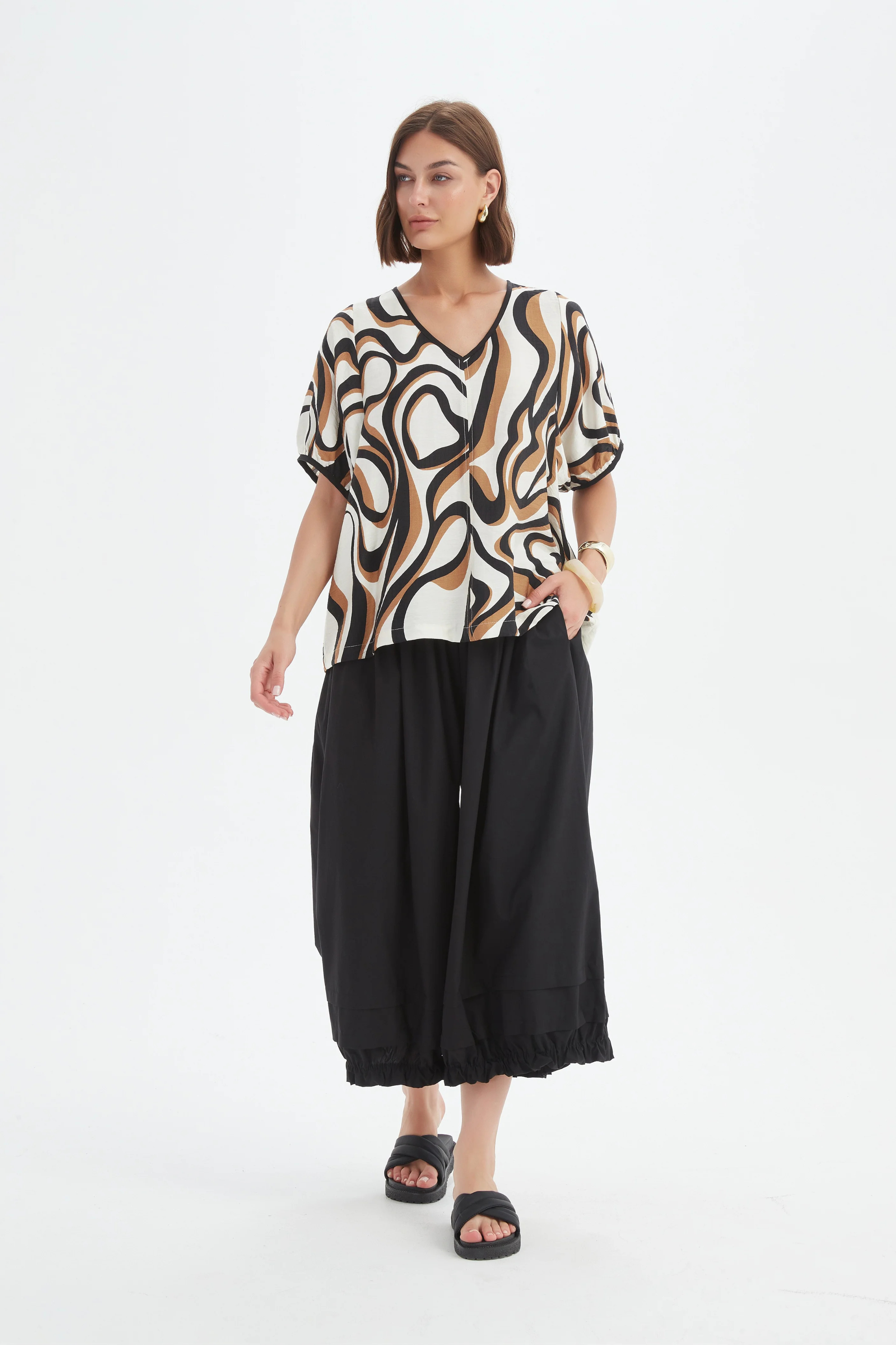 Bishop Sleeve Swirl Top - Caramel