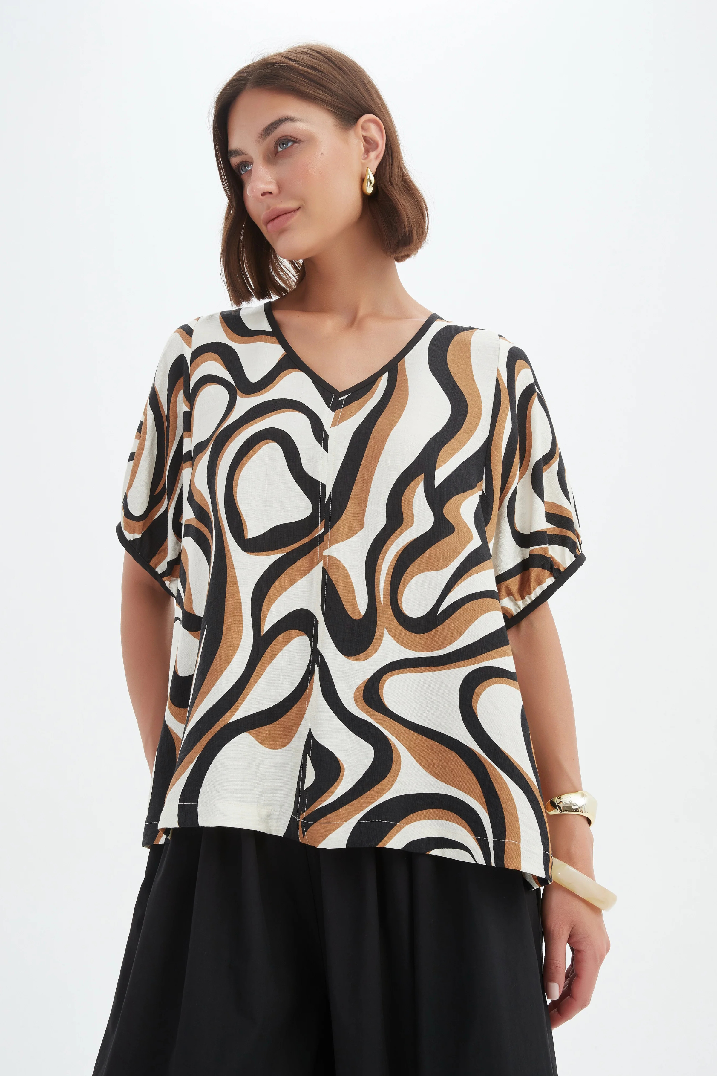 Bishop Sleeve Swirl Top - Caramel