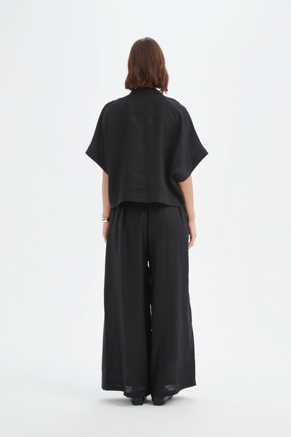 Boxy Button Linen Shirt - Black