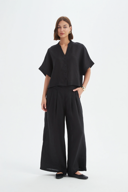 Boxy Button Linen Shirt - Black
