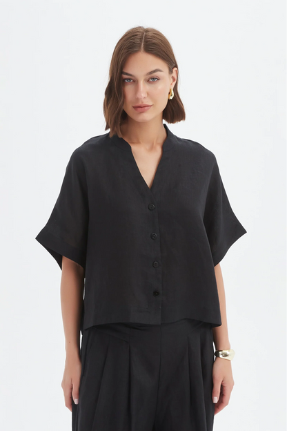 Boxy Button Linen Shirt - Black